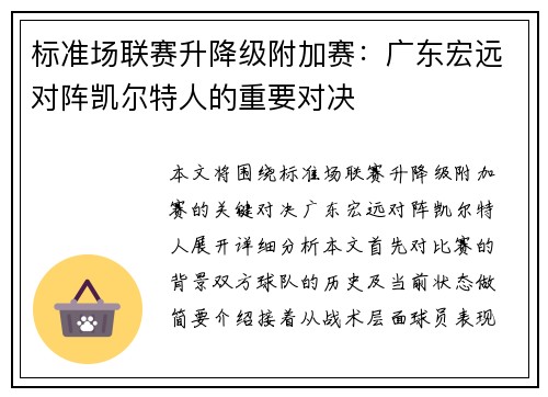标准场联赛升降级附加赛：广东宏远对阵凯尔特人的重要对决